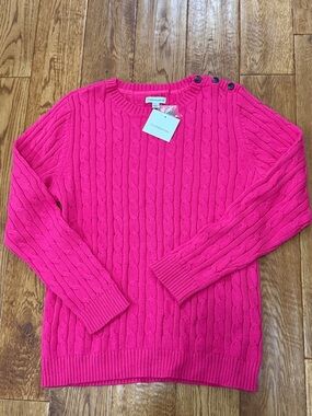 croft & barrow Hot Pink Cable-Knit Crewneck Sweater with Shoulder Buttons NWT’s